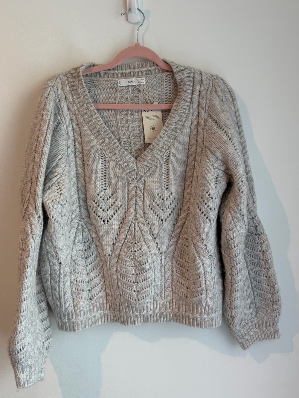 Mango Light Gray Openwork Cable V-Neck Sweater - Picture 3 of 5